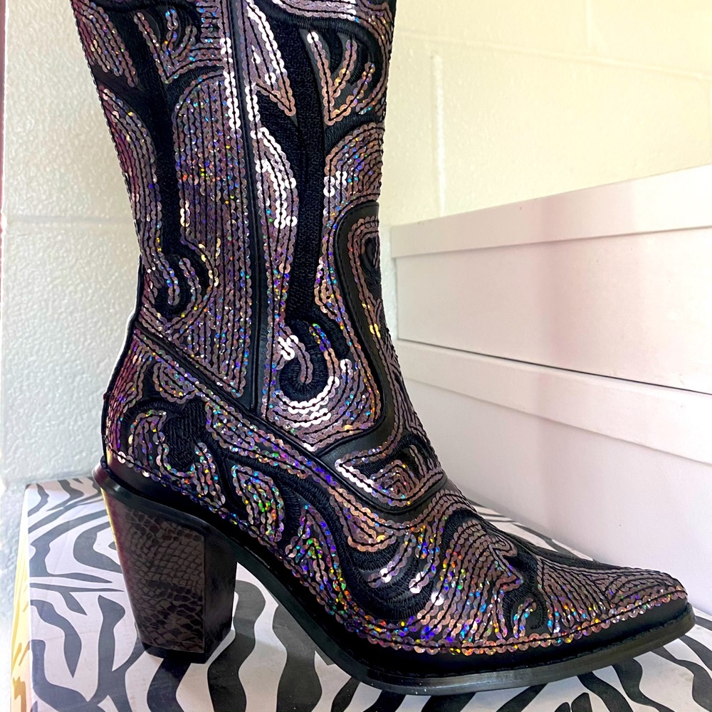 Size 6 Women’s Blue Black Sparkly Cowboy Cowgirl Bling Mid Calf Boots